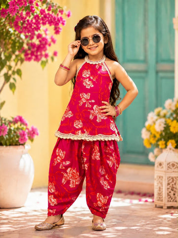 Girls pink and orange halter neck top pant set
