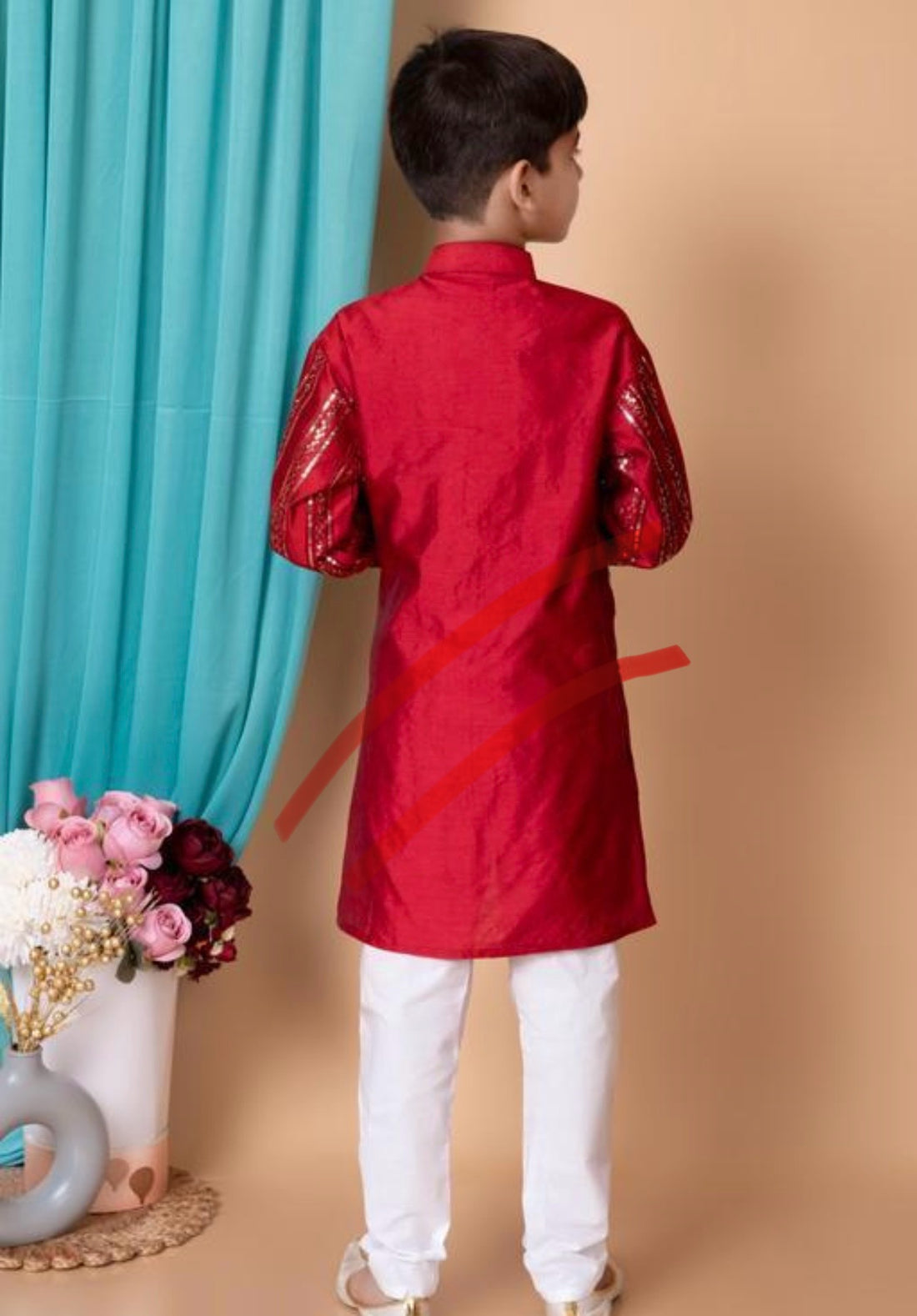 Red heavy embroidery and mirror work festive boys kurta pajama set