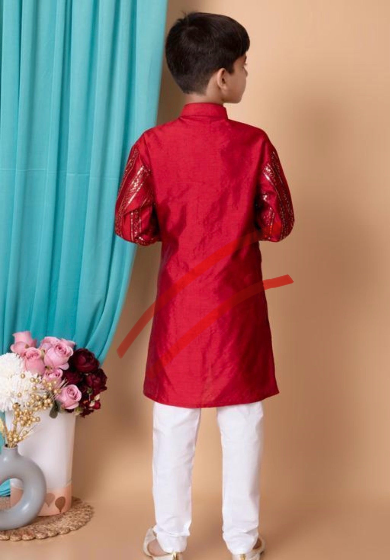 Red heavy embroidery and mirror work festive boys kurta pajama set