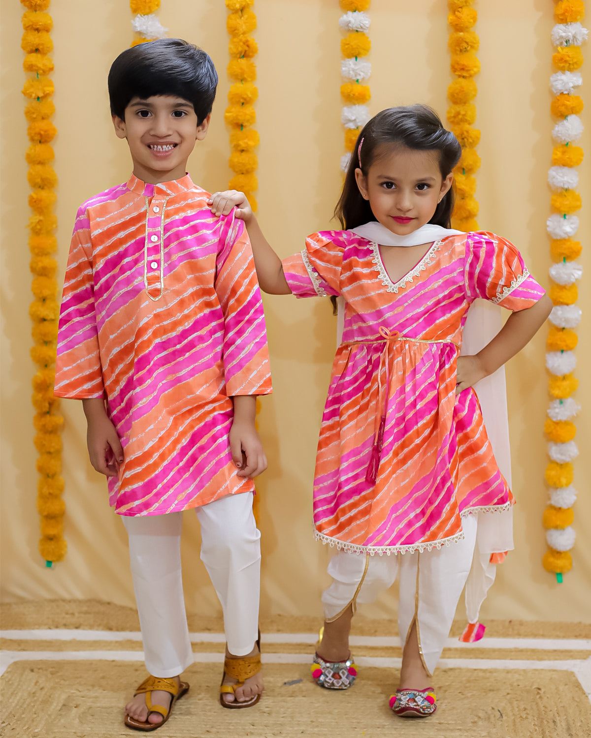 Shagun leheriya kurta,  silk dhoti and mul  dupatta set