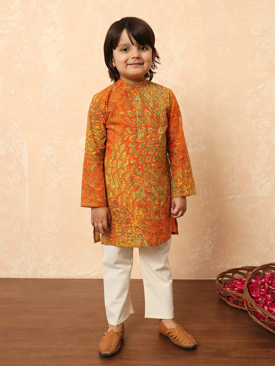 Boys orange elegant print kurta pajama set