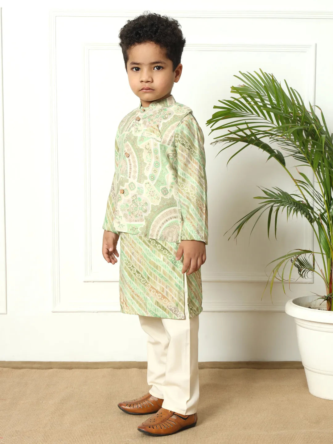 Boys straight style silk fabric olive color kurta and pyjama with nehru jacket