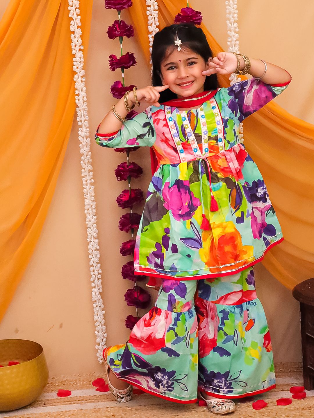 Girls multicolour digital print Sharara set with red dupatta