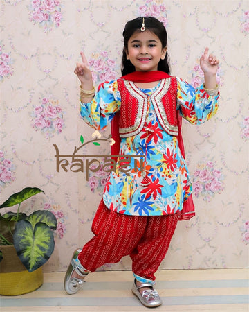 Bahar patiyala jacket kurti blue/red