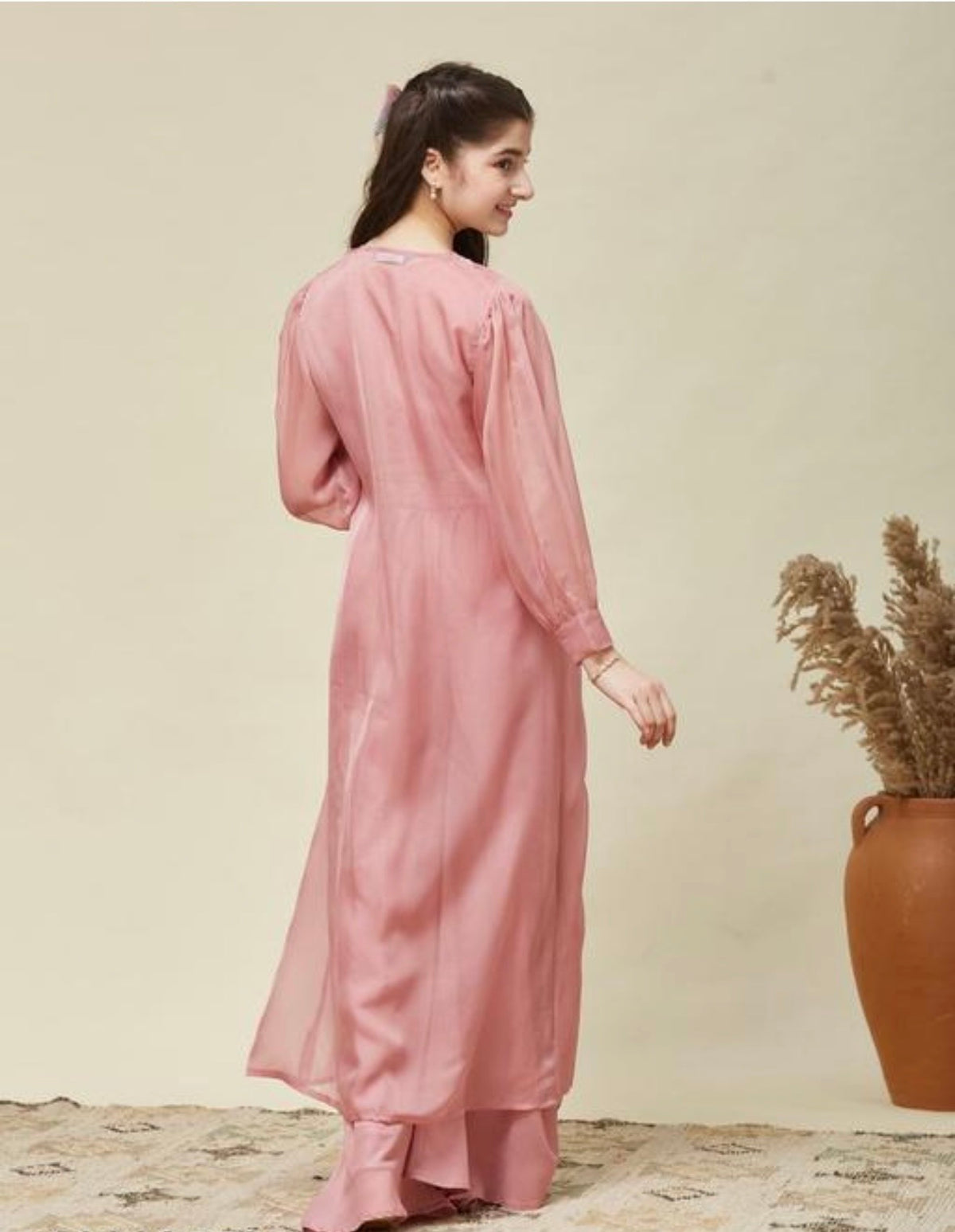 Pastel pink tissue dupatta jacket plazzo set