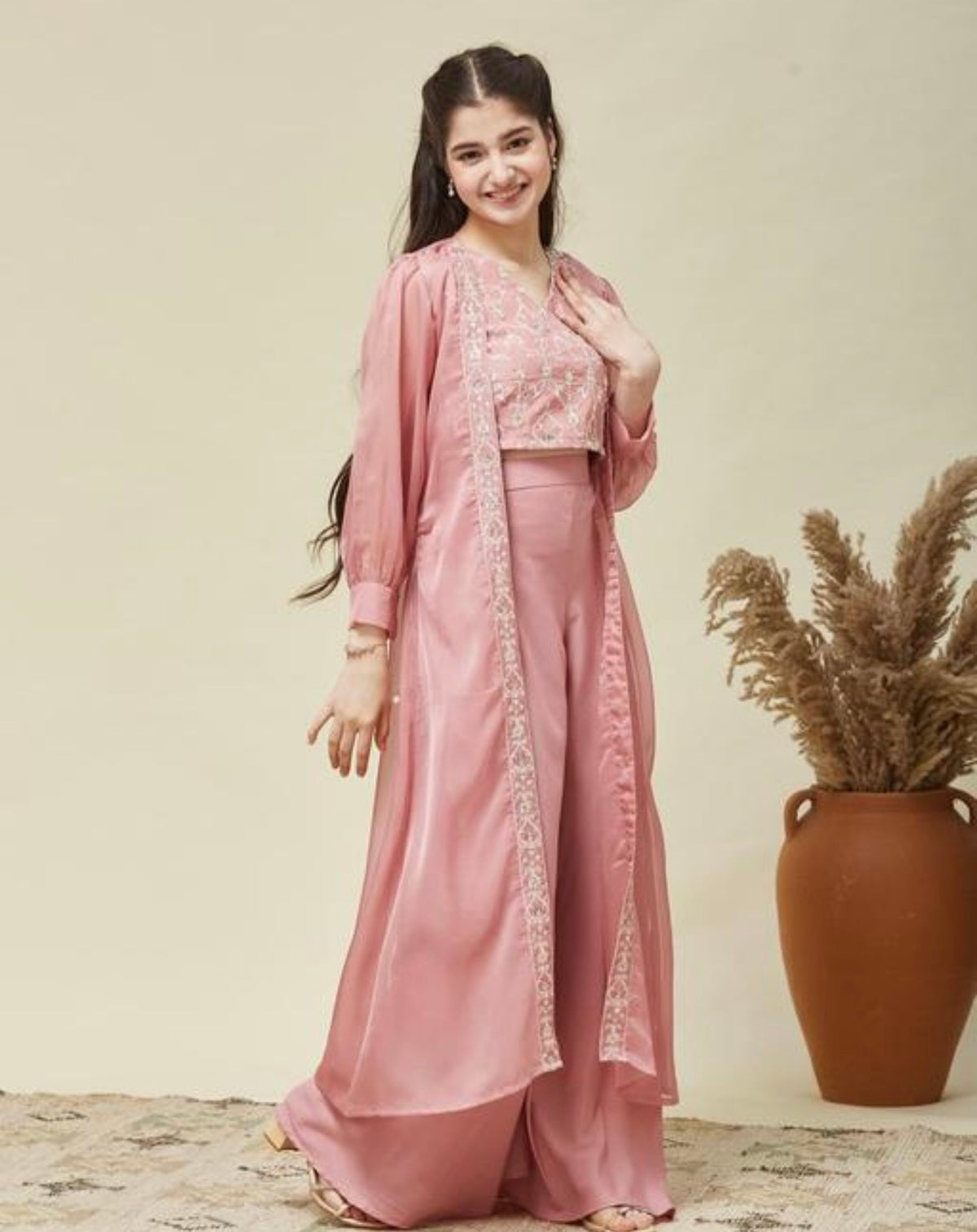 Pastel pink tissue dupatta jacket plazzo set