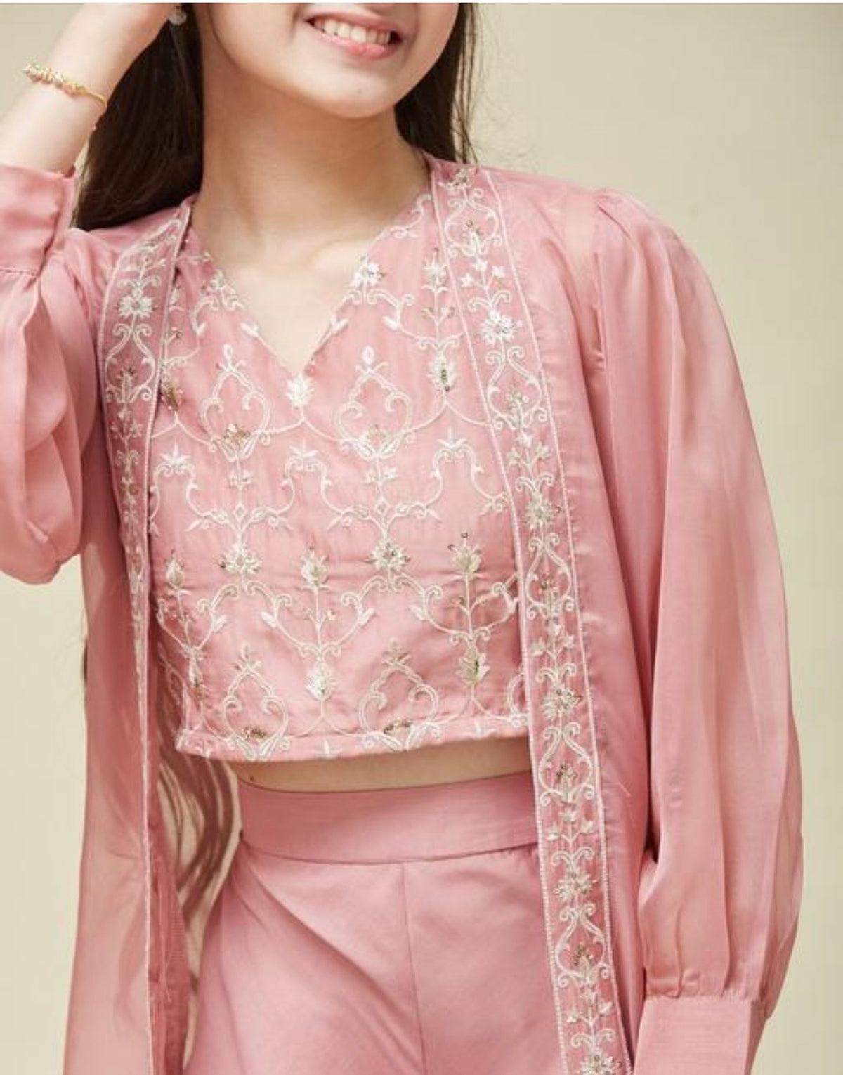 Pastel pink tissue dupatta jacket plazzo set