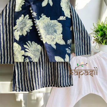 Blue stripe and printed jacket pajama set