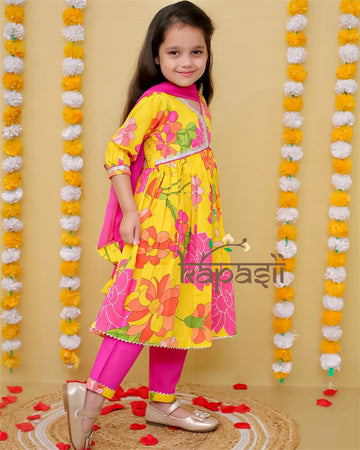 Roshni flower printed  yellow anarkali with pant and dupatta