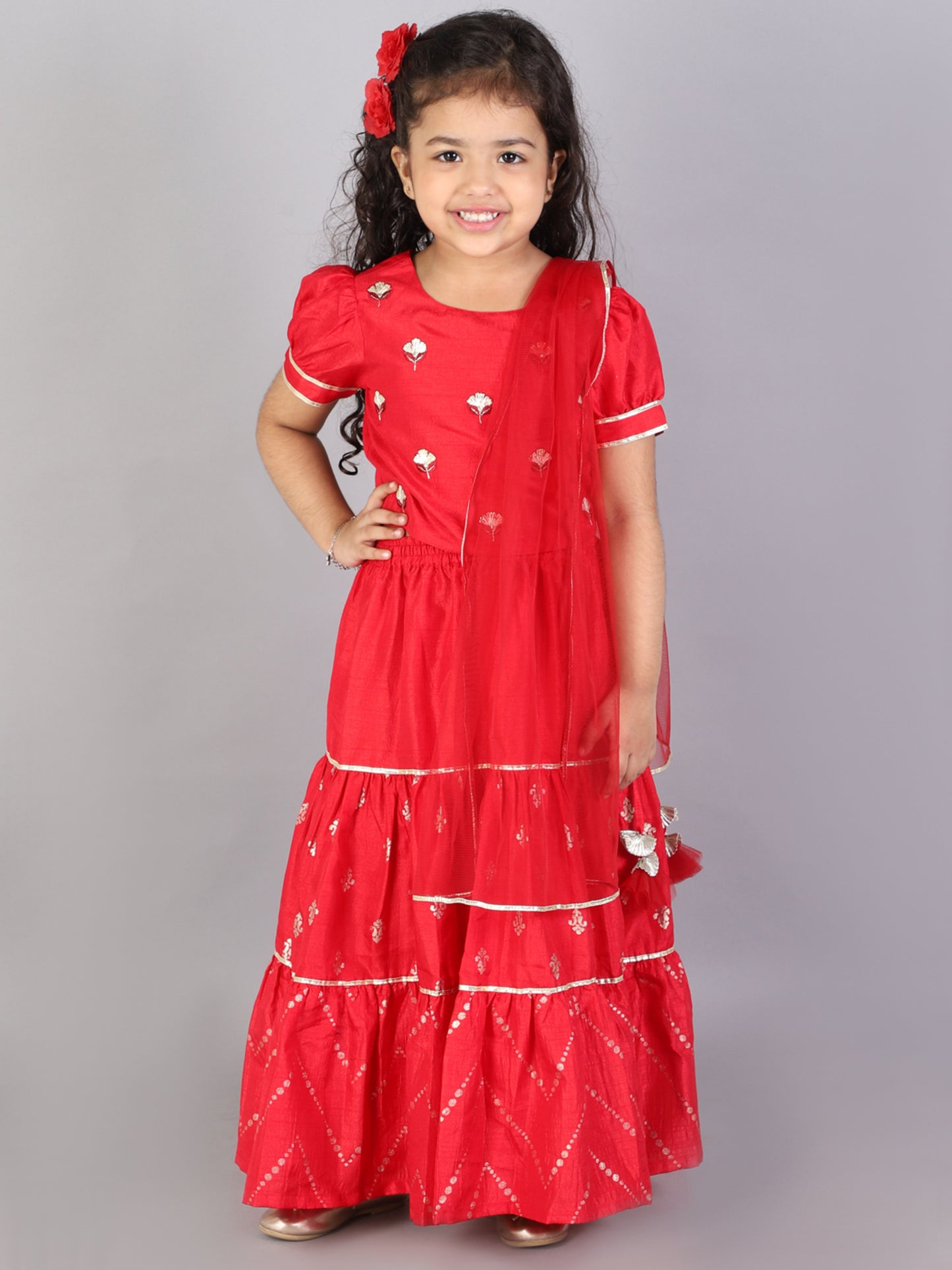 Girls red jamavar choli with ghaghra with dupatta set