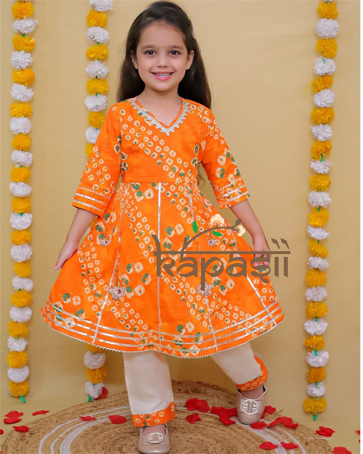 Basant orange bandhani anarkali set