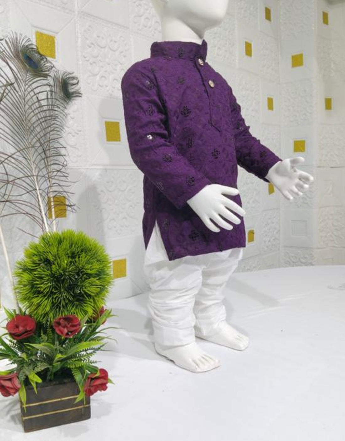 Infant Boys lukhnawi kurta pajama set with mirror work - wine