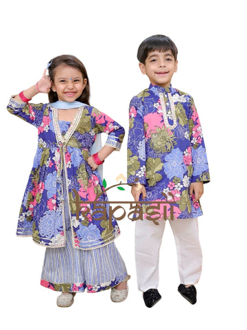 Boys kurta pajama set blue floral