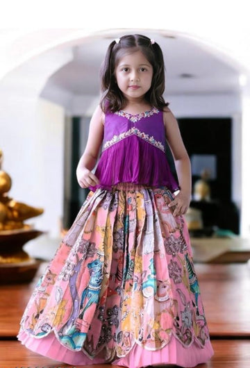 Designer pattu pavadai girls set pink and purple set