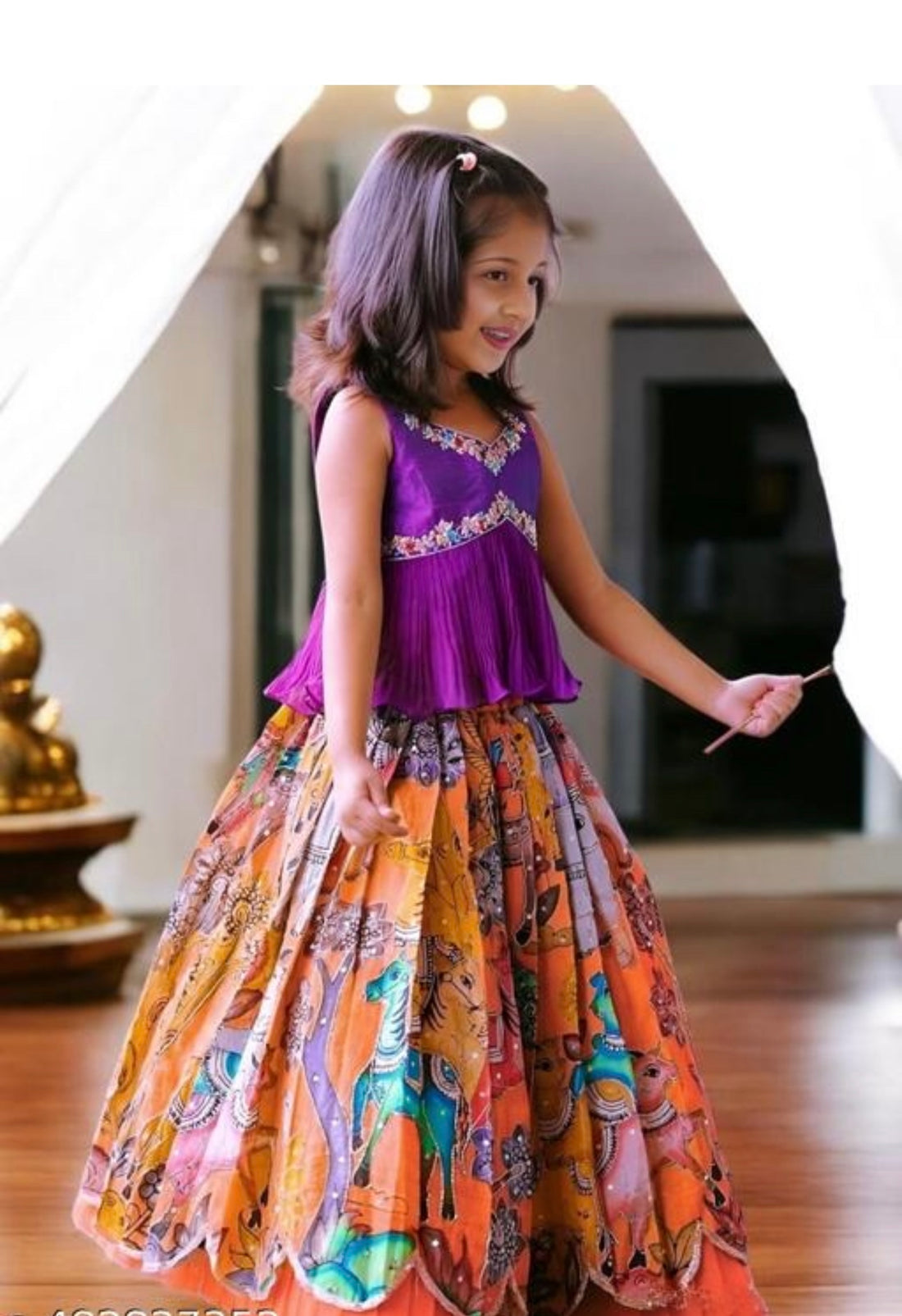 Designer pattu pavadai girls set orange and purple