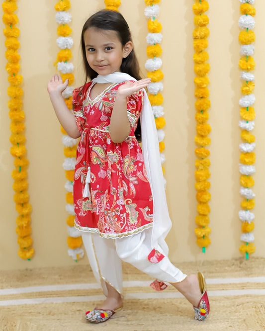 Red and white silk dhoti set with kurta and mul dupatta