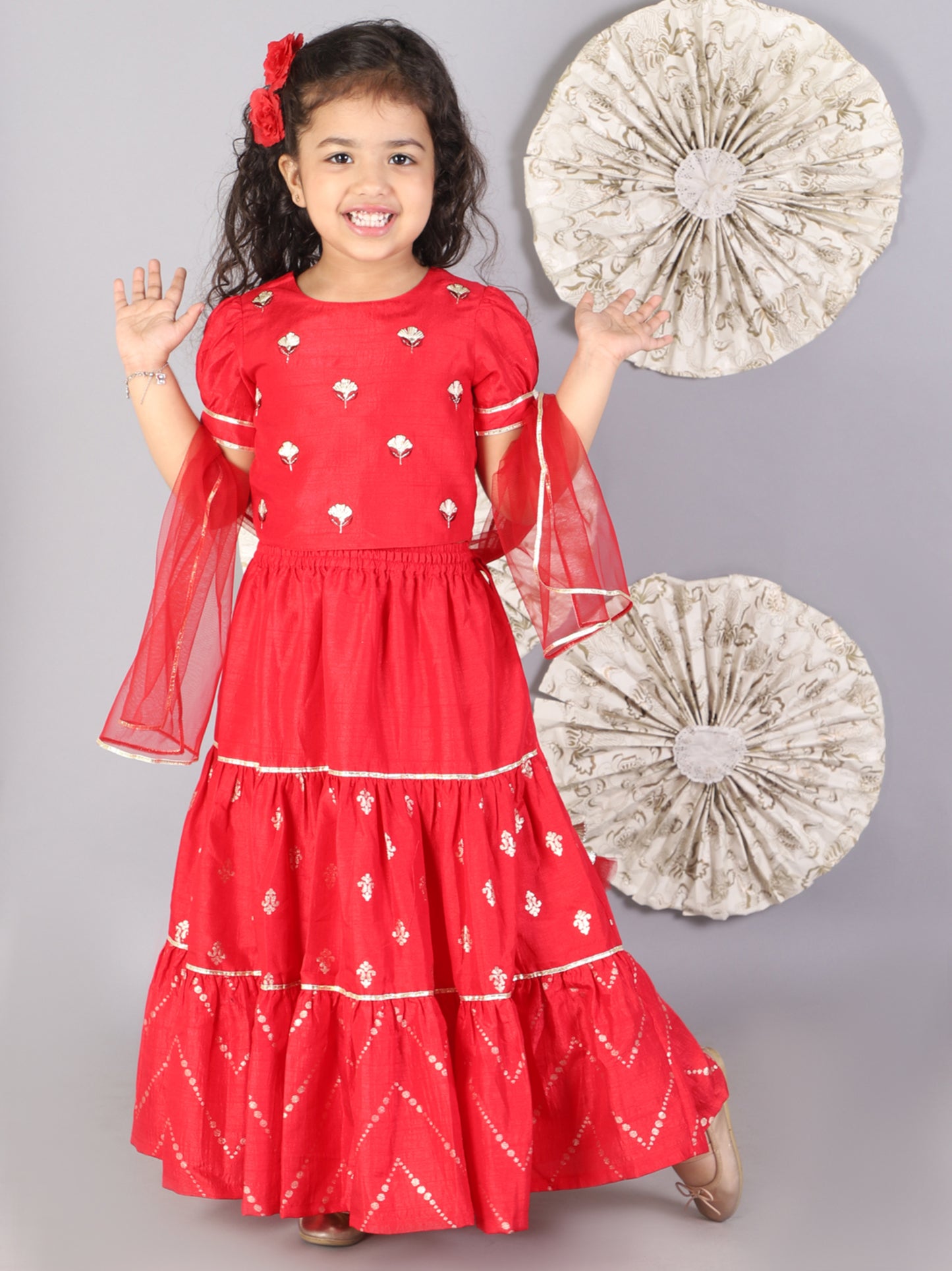 Girls red jamavar choli with ghaghra with dupatta set