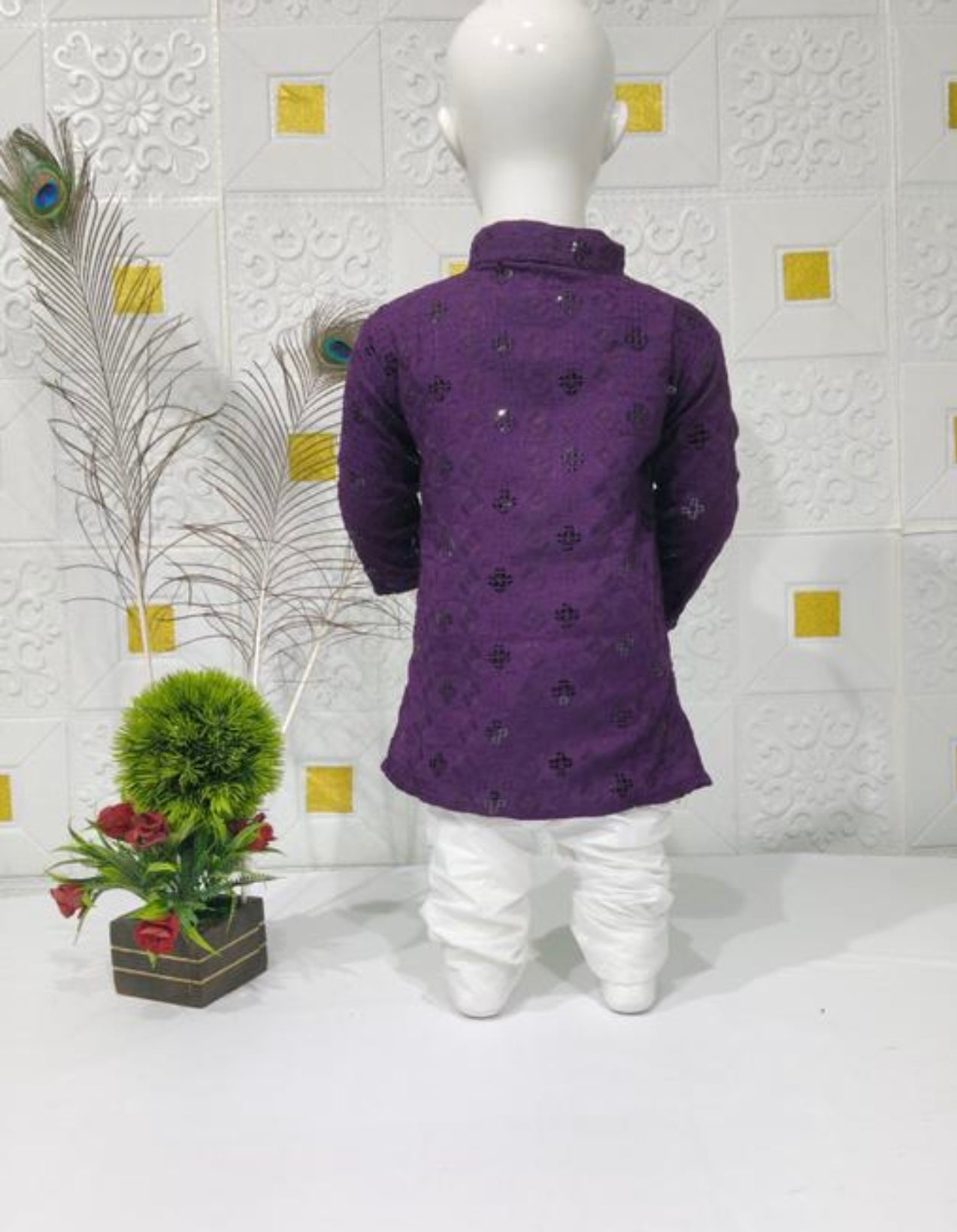 Infant Boys lukhnawi kurta pajama set with mirror work - wine