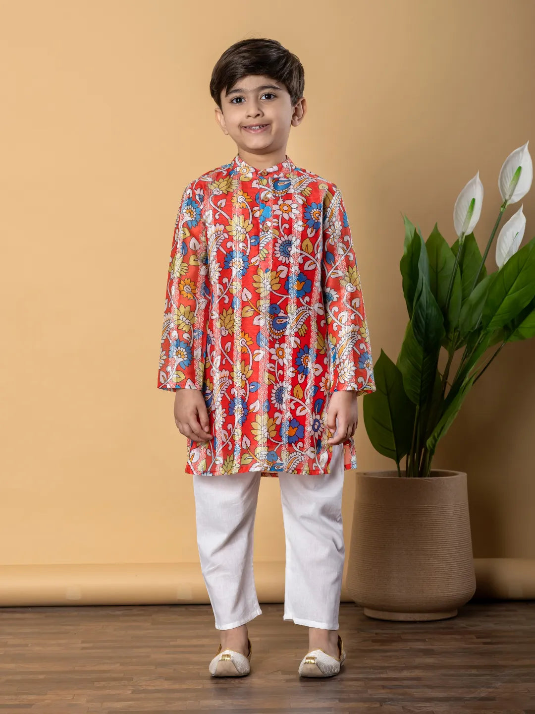 Boys straight style chanderi silk fabric red color kurta and pyjama