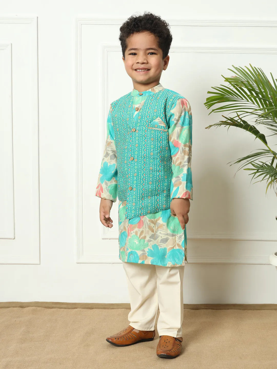 Boys straight style kota doria fabric navy teal color kurta  pajama  jacket set