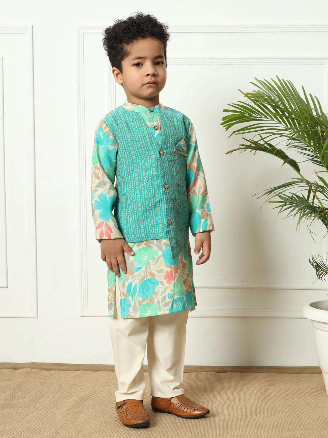 Boys straight style kota doria fabric navy teal color kurta  pajama  jacket set