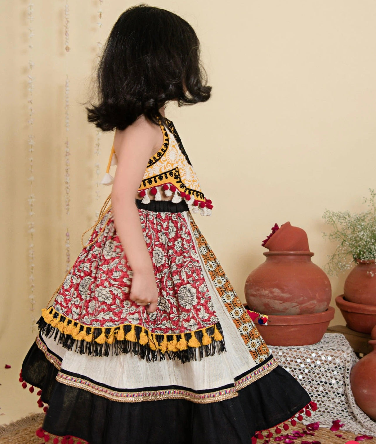 Ghoomar Festive Black Flaired Chaniya Choli for girls- beige and black