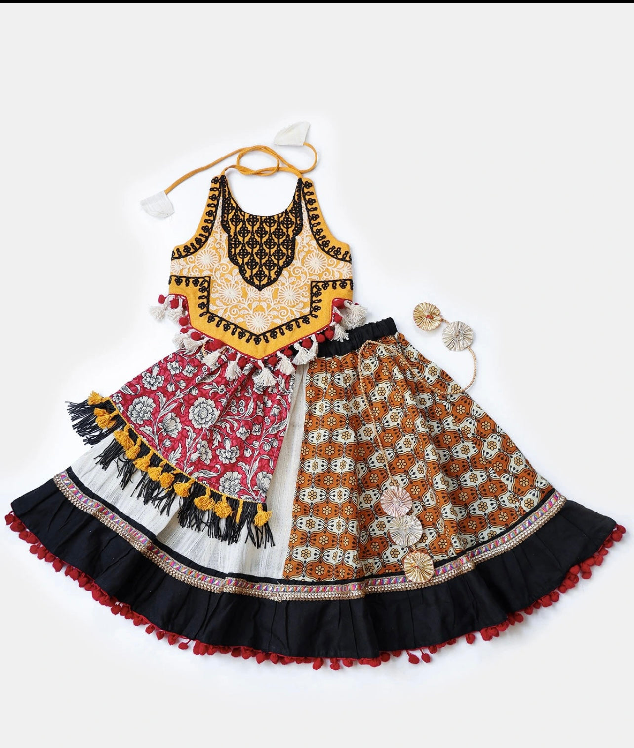 Ghoomar Festive Black Flaired Chaniya Choli for girls- beige and black