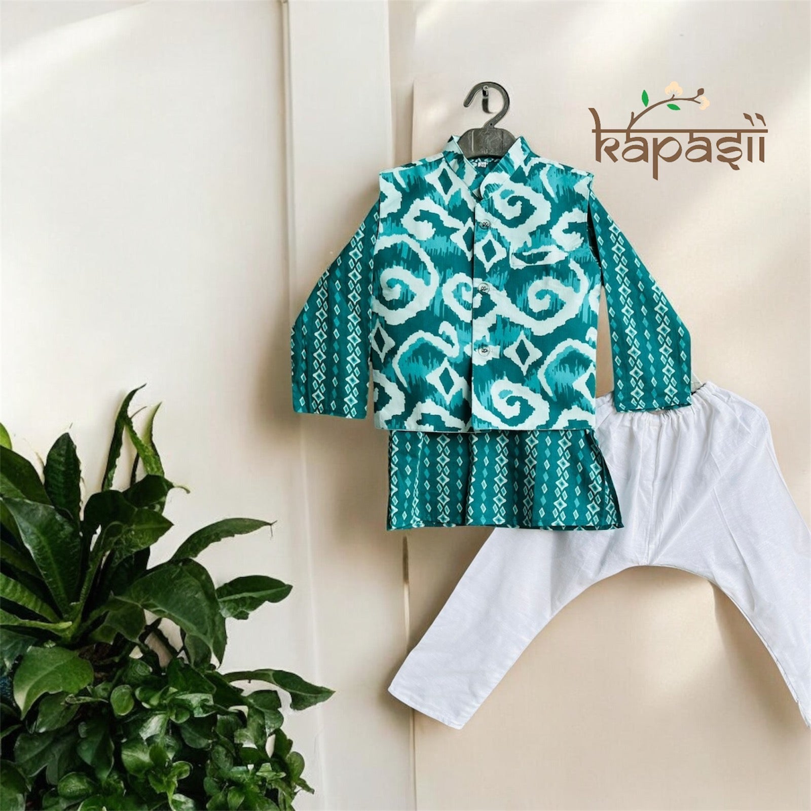 Utsav teal kurta pajama jacket set boys
