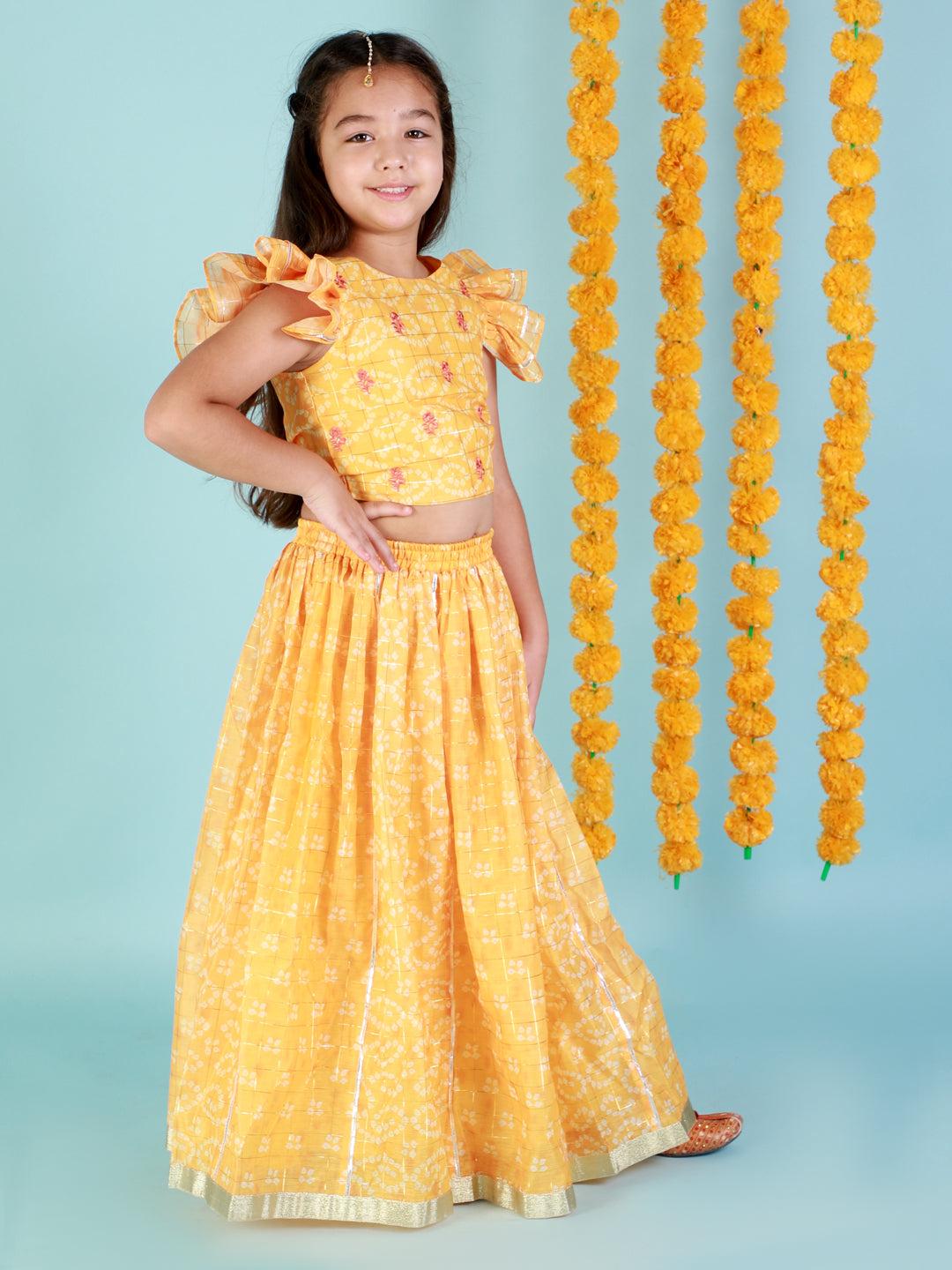 Mehfil yellow bandhni lehenga choli set with puffed sleeves