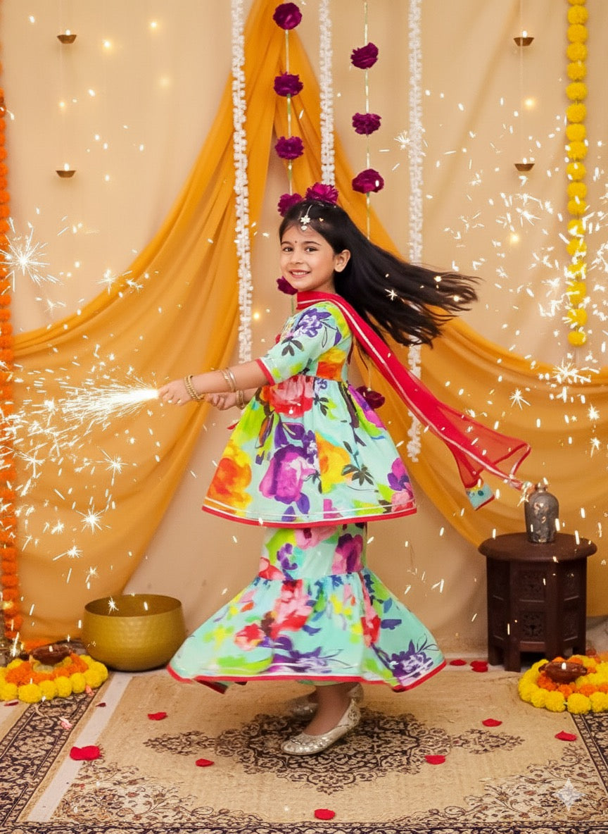 Girls multicolour digital print Sharara set with red dupatta