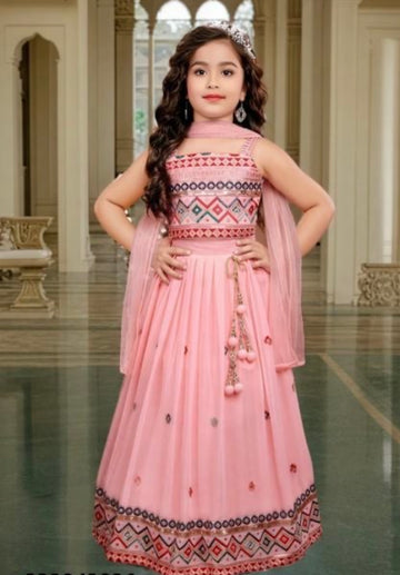 Girls baby pink lehenga set with sleeveless chili and dupatta