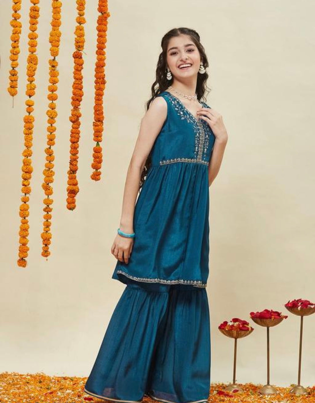 Girls festive sleeveless poly chinon top with Sharara set teal