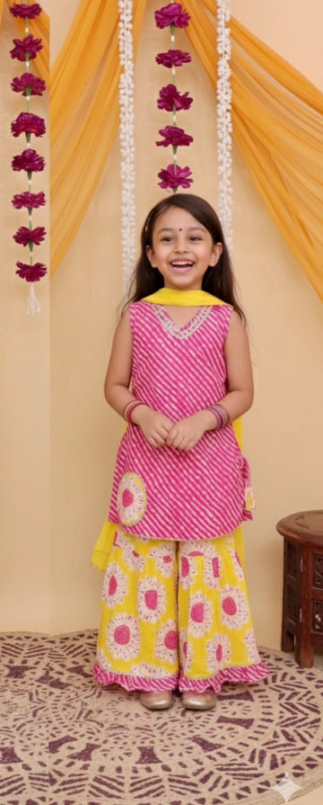 Girls leheriya sharara set with dupatta pink and yellow