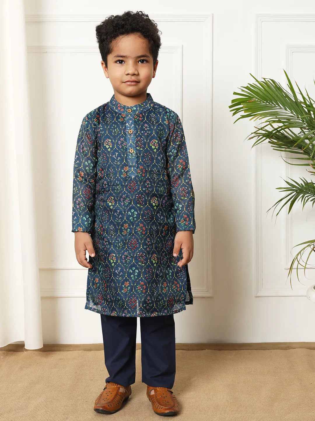 Boys kota doria fabric navy blue color kurta pyjama