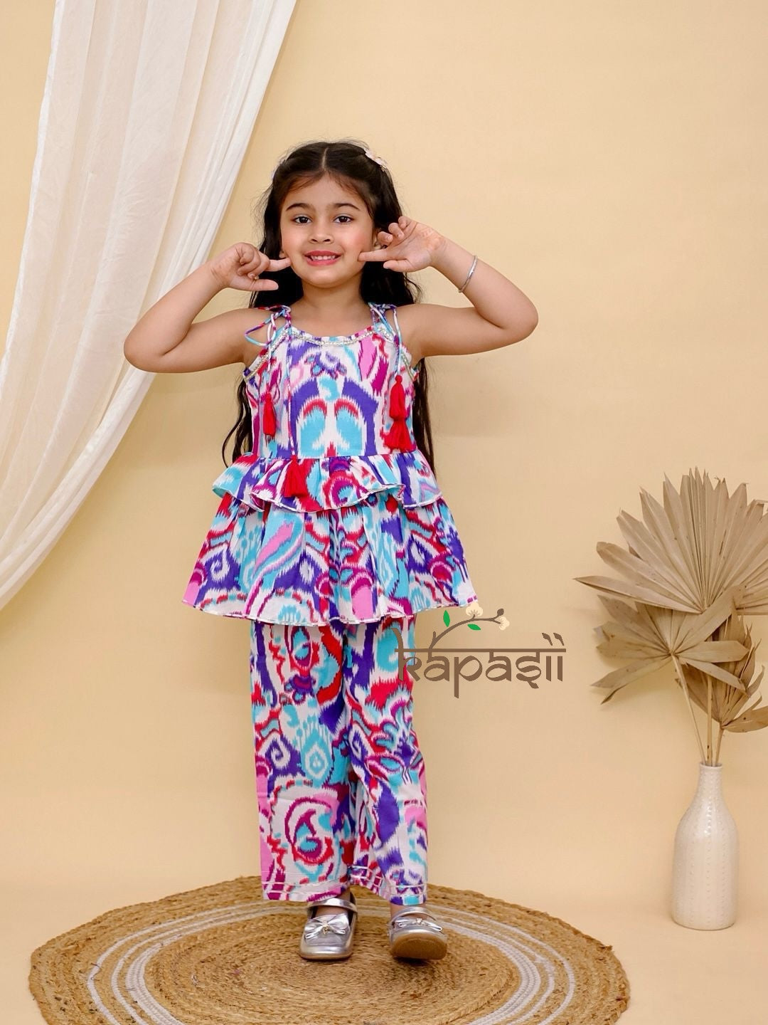 Girls cord set Ikkat print blue eyes