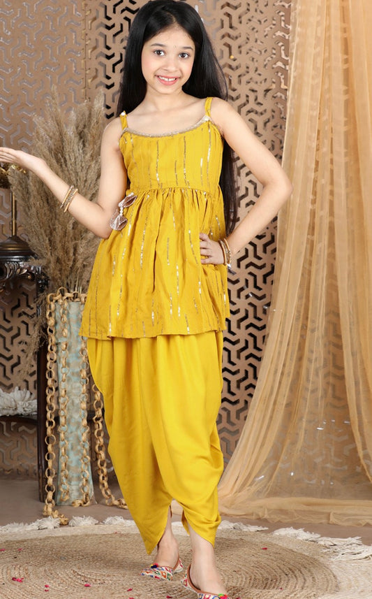 Haldi dhoti and top set with shimmer and shine