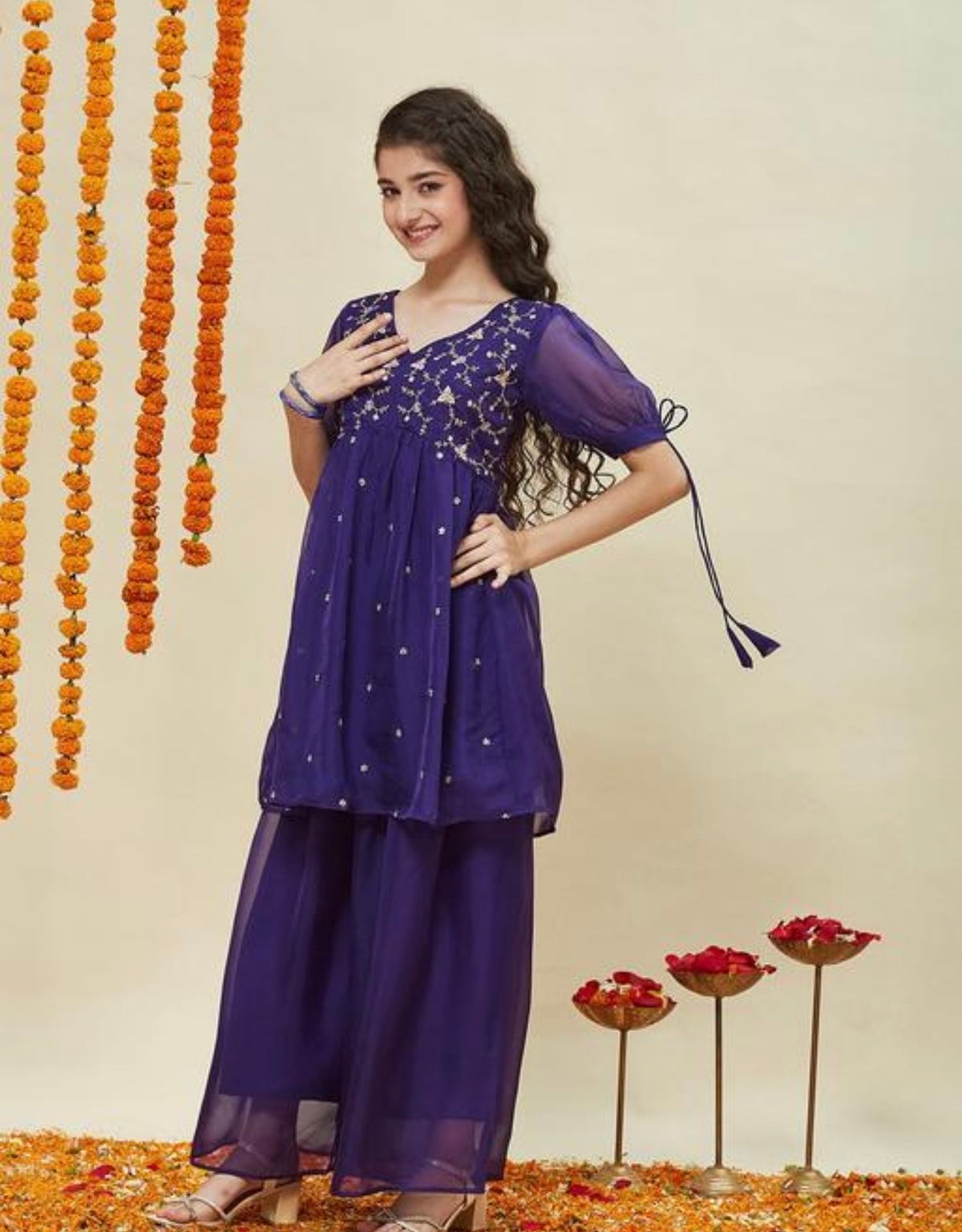 Purple tissue kurti plazzo set