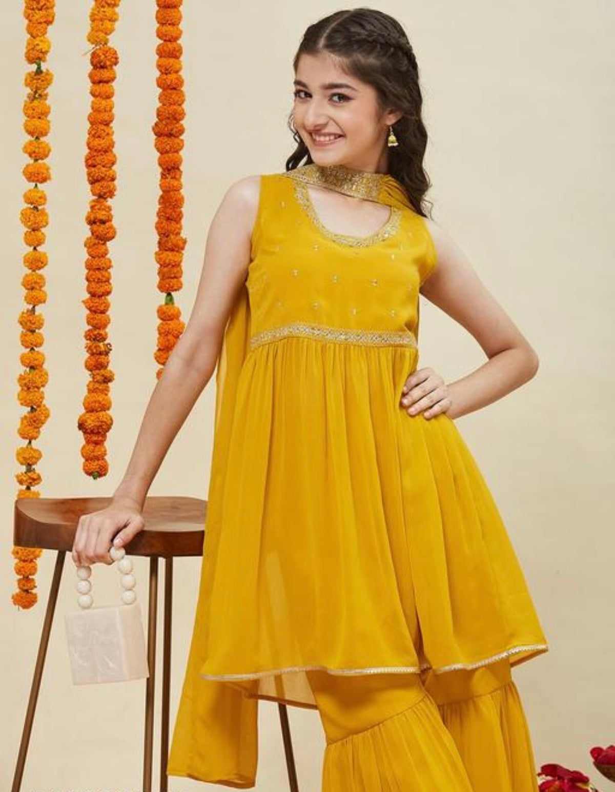 Girls yellow kurti plazzo dupatta set