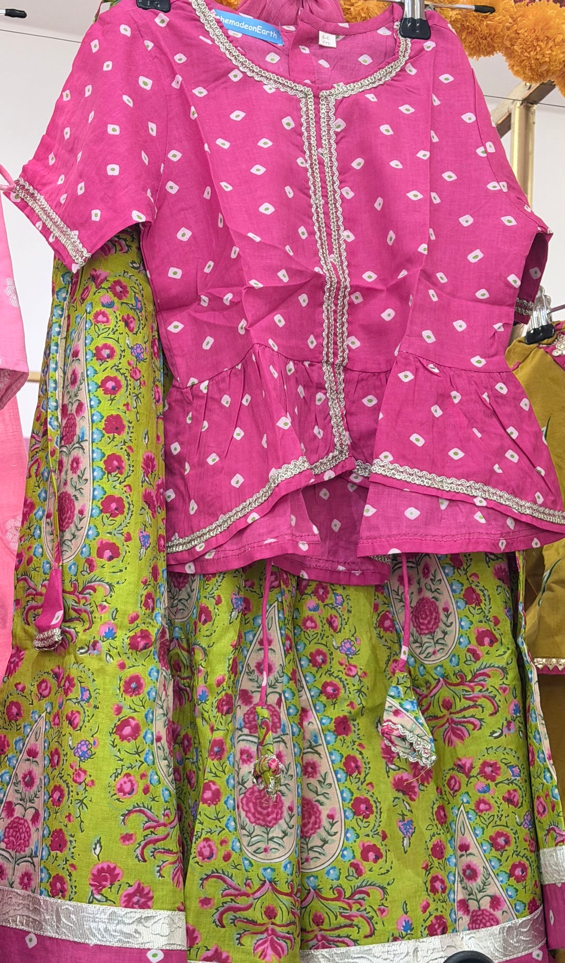 Pink and neon green lehenga choli set with dupatta