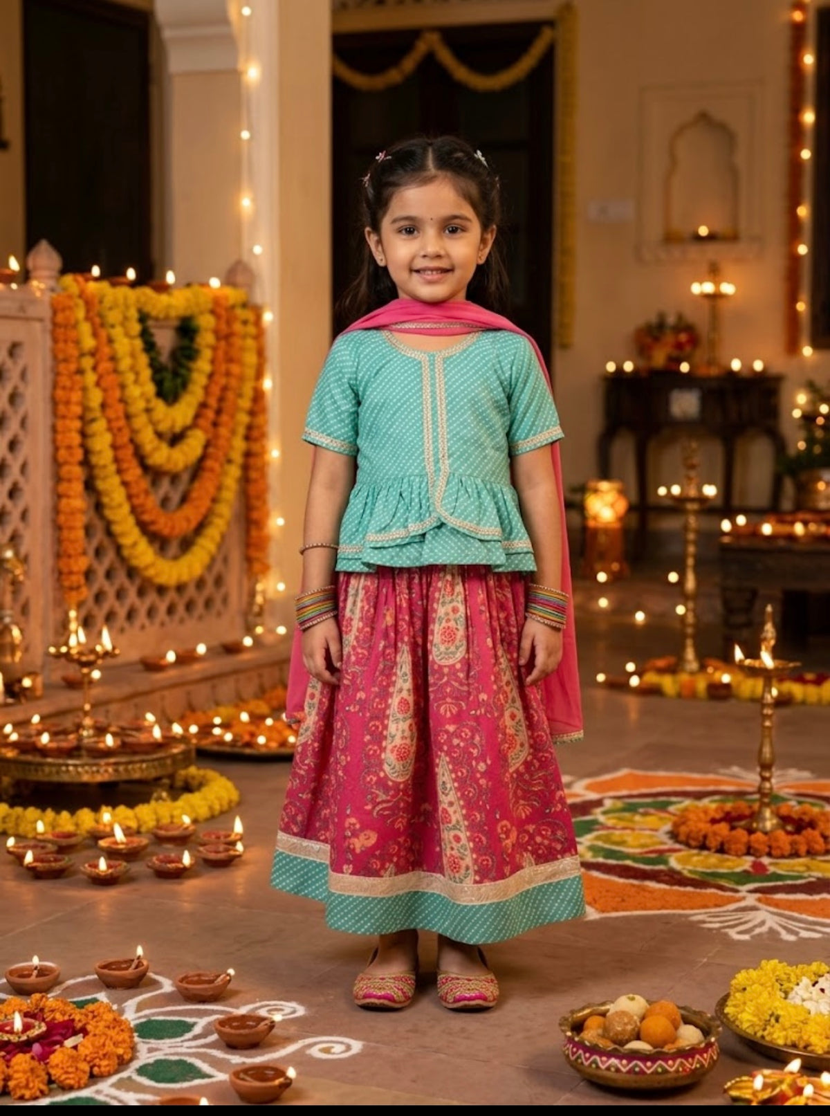 Green and pink lehenga choli dupatta set
