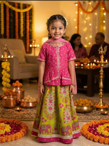 Pink and neon green lehenga choli set with dupatta