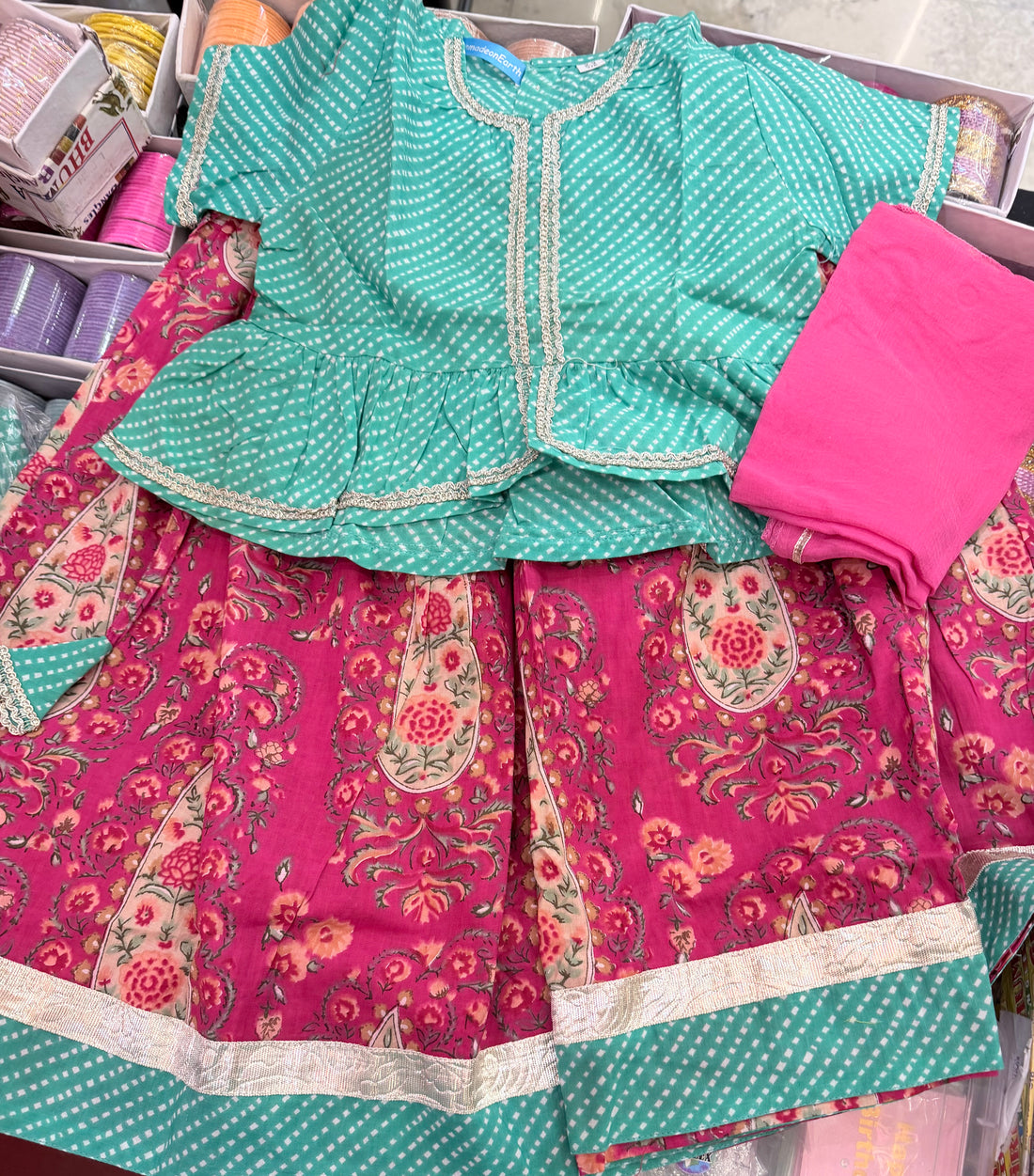 Green and pink lehenga choli dupatta set
