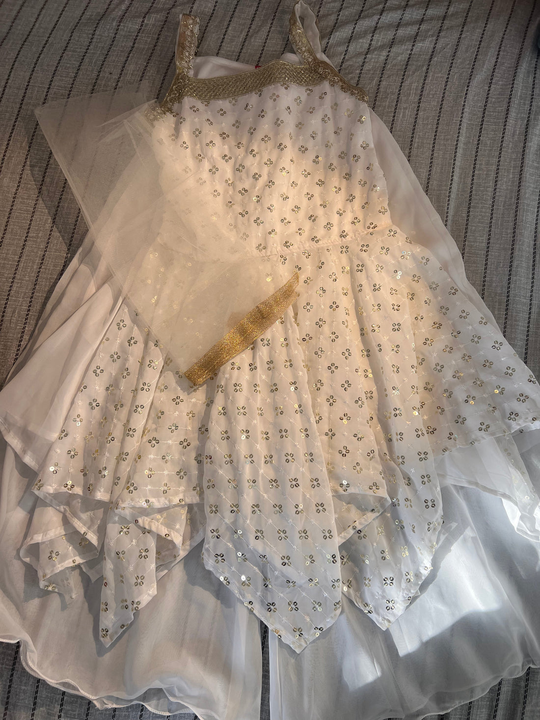White off shoulder glam sling top with Sharara set and dupatta