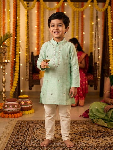Pista green mirror work kurta pajama set
