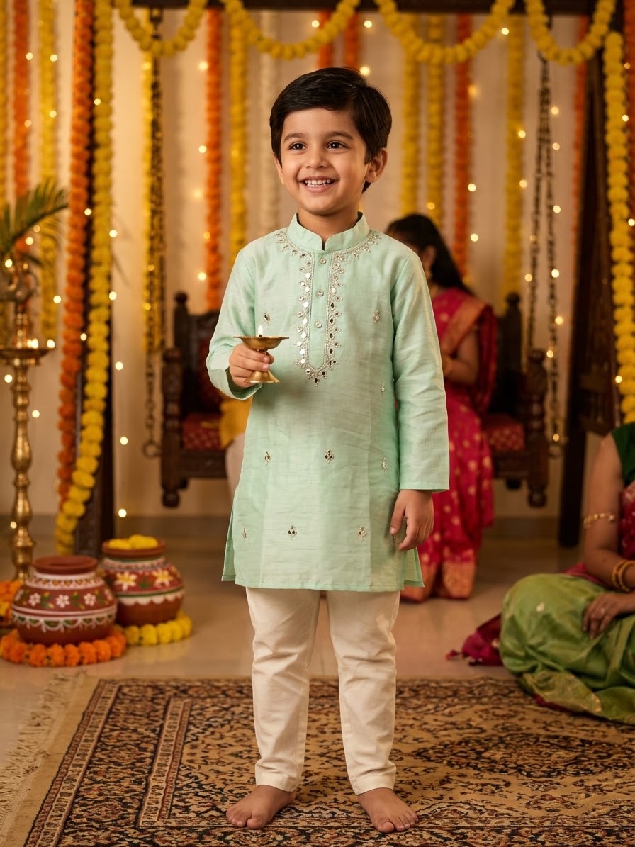 Pista green mirror work kurta pajama set