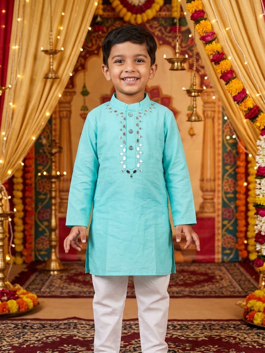 Sea blue mirror work kurta pajama set