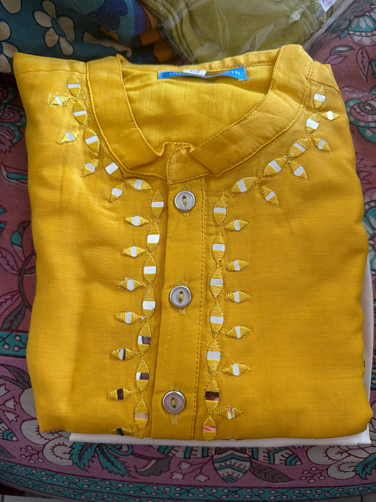 Light mustard yellow mirror work kurta pajama set