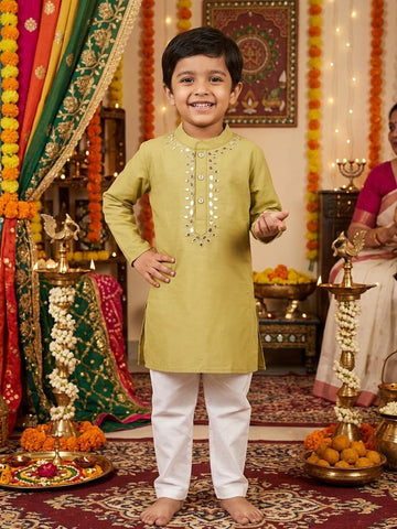 Light mustard yellow mirror work kurta pajama set