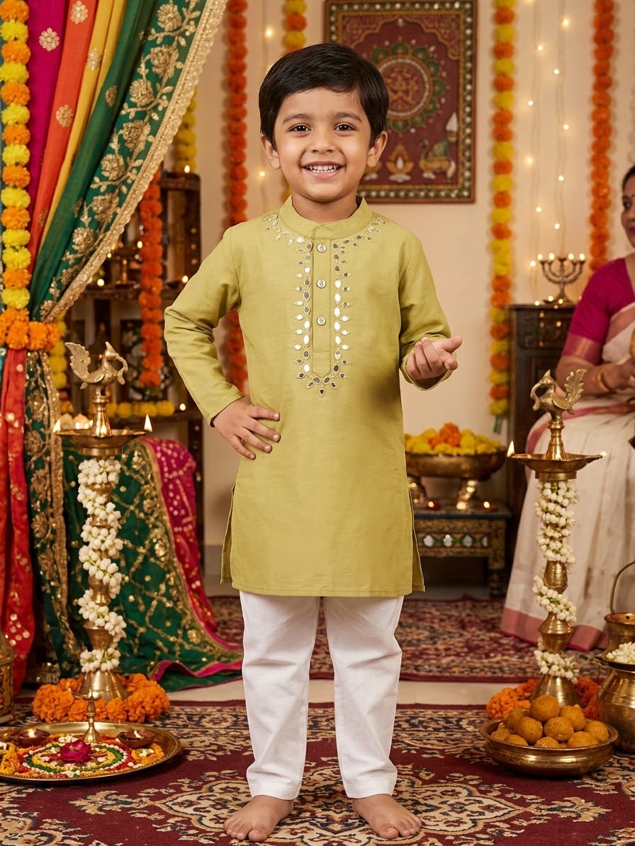 Light mustard yellow mirror work kurta pajama set