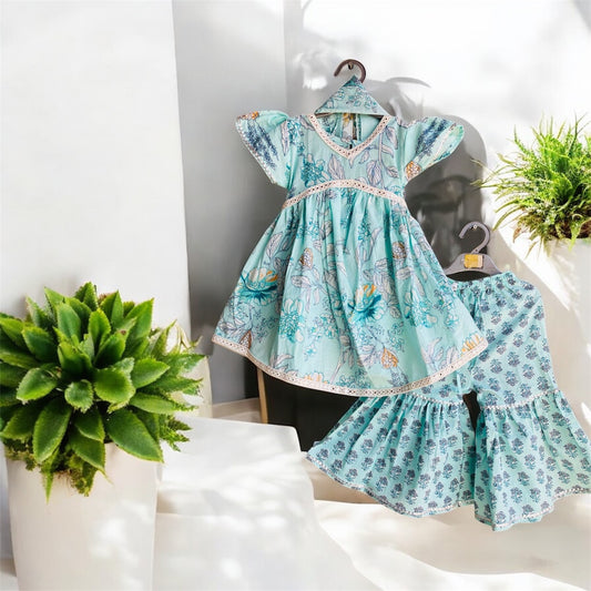 Baby  blue  peplum curve sleeves Sharara set with dupatta